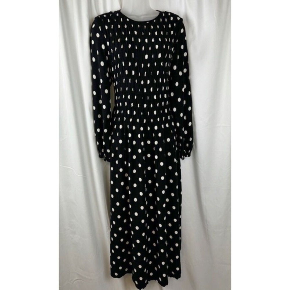 H&M Polka Dot Smocked Midi Dress Black White Long Sleeve M Rockabilly Chic 51-29 - Picture 6 of 15